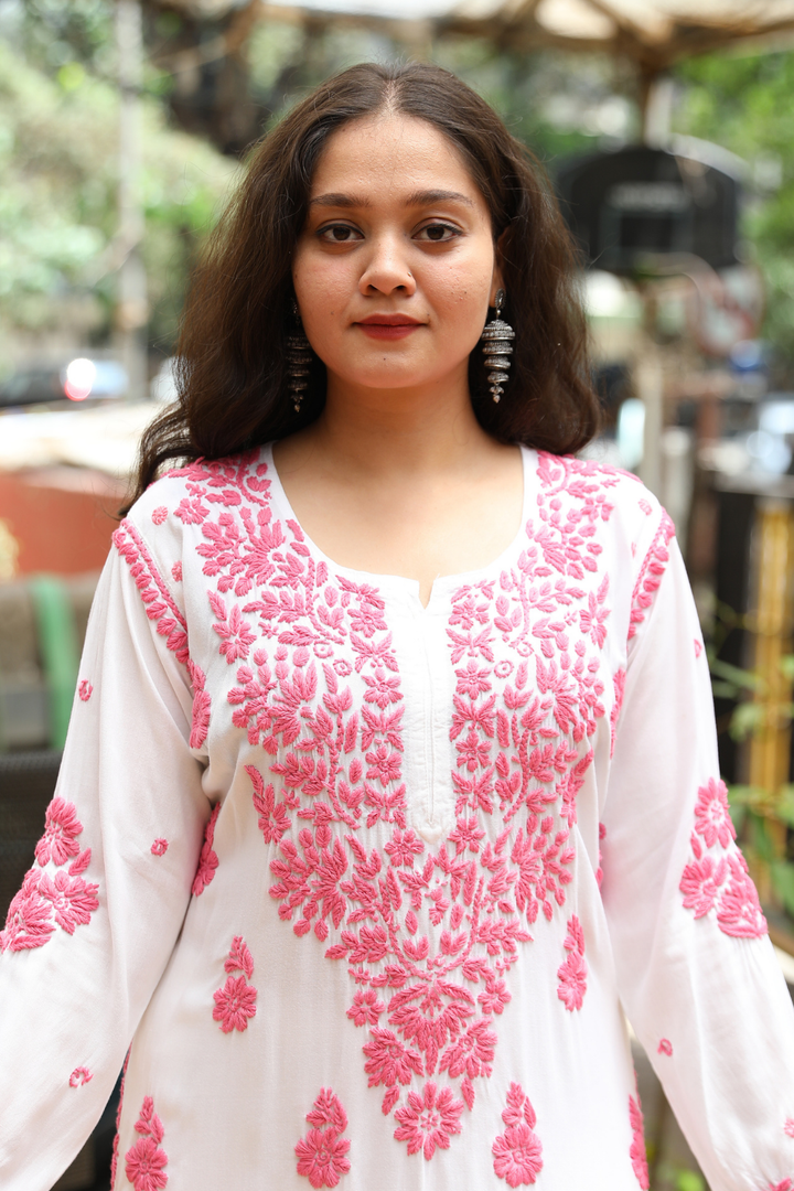 Kausar Rayon 3D Chikankari Designer White Multi