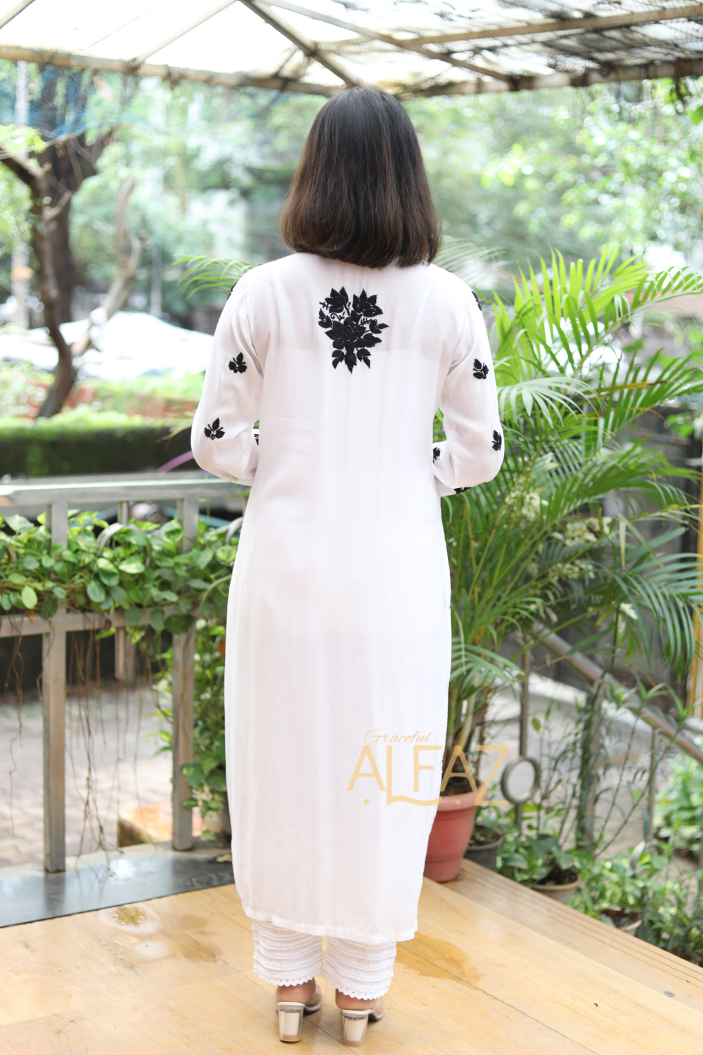 Aisha Premium Muslin Chikankari Nayra Cut White and Black Kurti