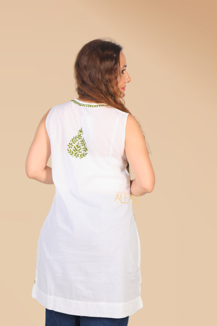 Tahira Cotton Chikankari Sleeveless Tunic Top | Cotton Chikankari Tops