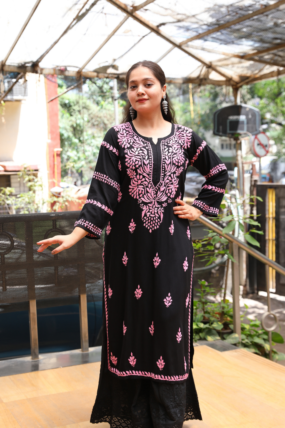 Naila  Rayon Black Multi Long Kurti Chikankari