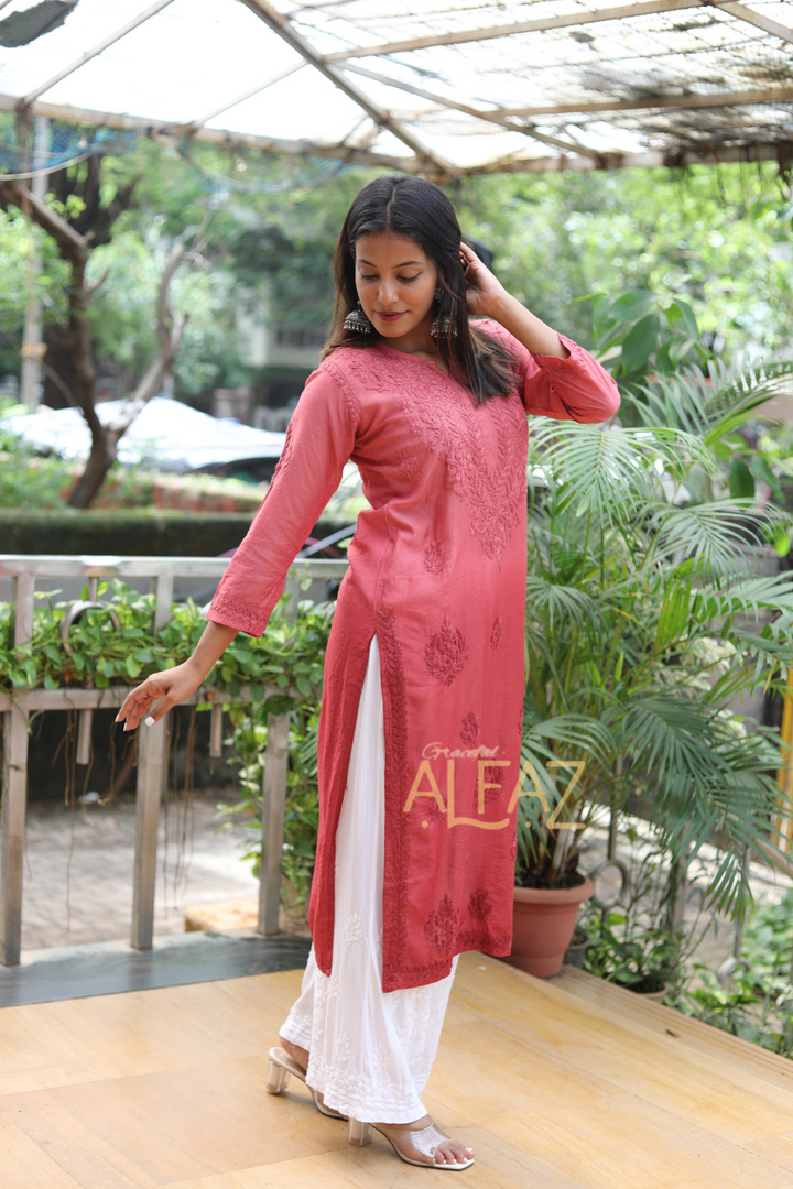 Myra Chanderi Chikankari Tone To Tone Long Kurti | Chanderi Chikan Kurta