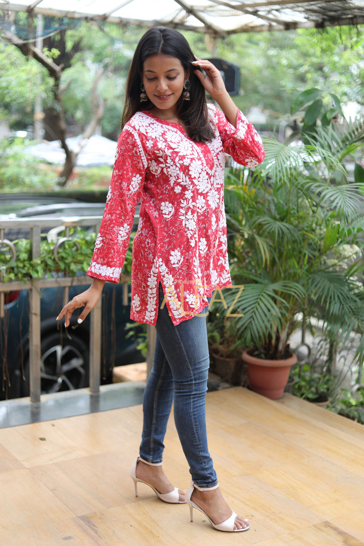 Falak Printed Mulmul 3D Chikankari Short Kurti