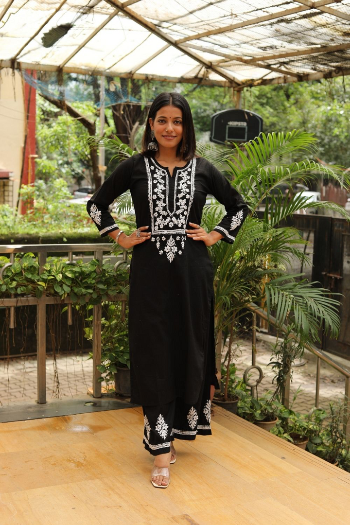 Avni Chikankari Black Pure Cotton Kurti Palazzo Set