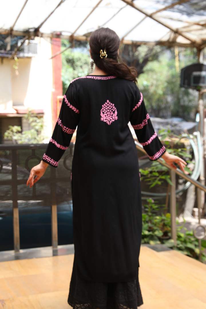 Naila  Rayon Black Multi Long Kurti Chikankari