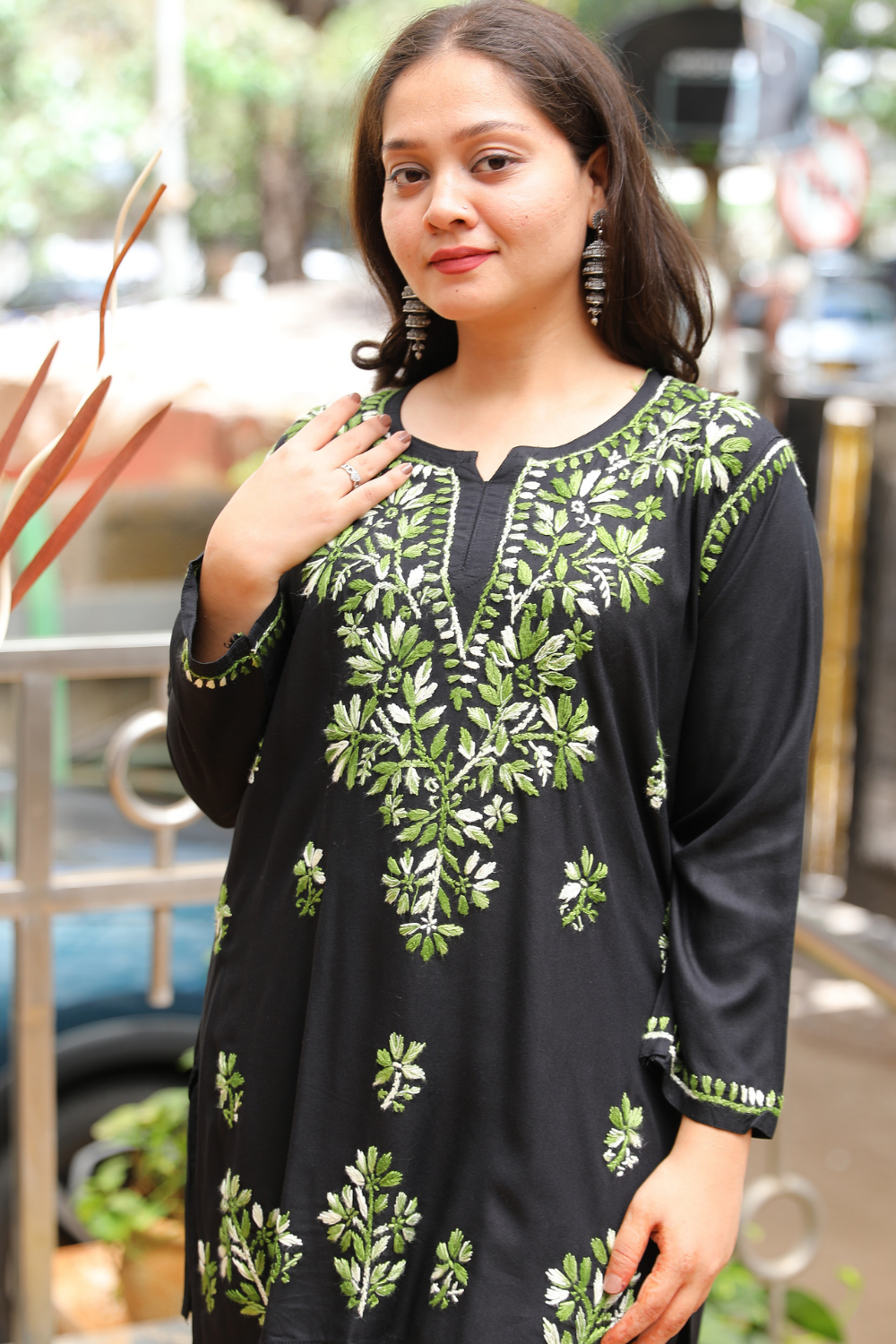 Ruvina Rayon Black Multi Chikankari Short Kurti
