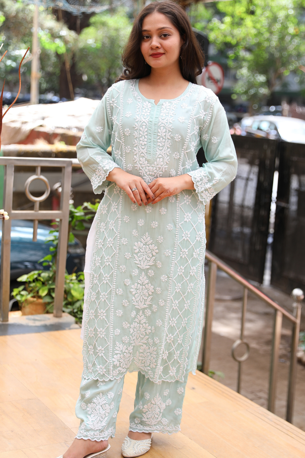 Ayah   Premium Muslin 3D Chikankari Ombre  Cutwork Kurti Palazzo Set