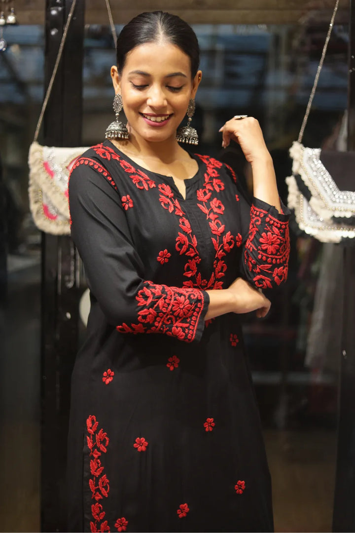 Habiba Rayon 3D Chikankari Designer Black Palazzo Set