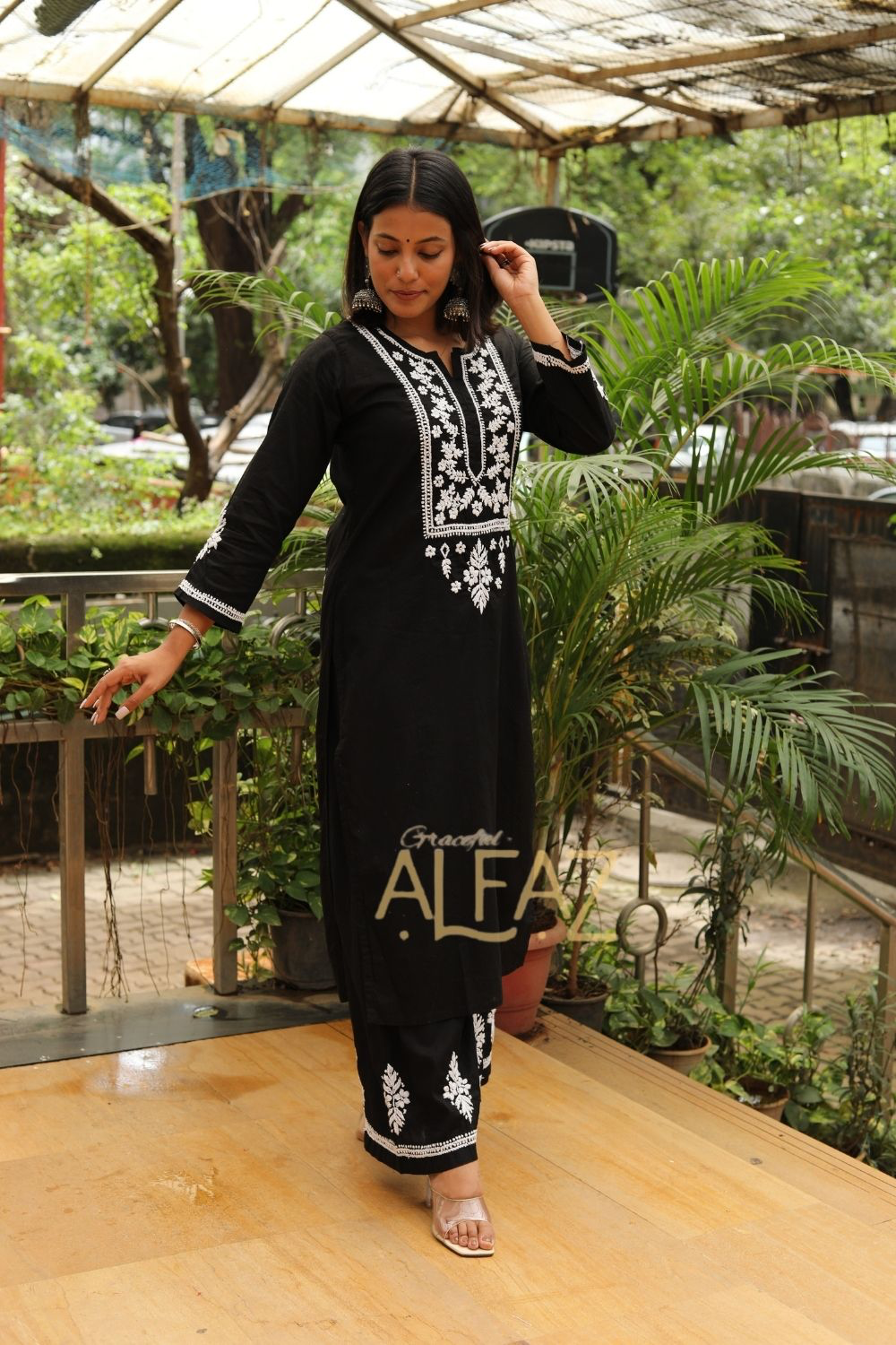 Avni Chikankari Black Pure Cotton Kurti Palazzo Set