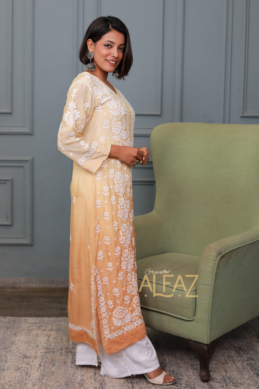 Aziza Premium Muslin 3D Chikankari Ombre A Line Kurti