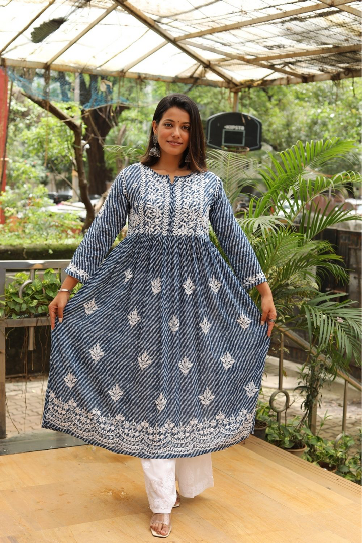 Jameela Mulmul Leheriya Print Chikankari A-line Gown | Lucknowi Chikankari Gown