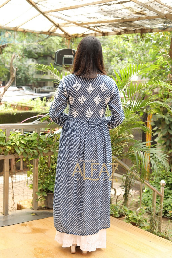 Jameela Mulmul Leheriya Print Chikankari A-line Gown | Lucknowi Chikankari Gown