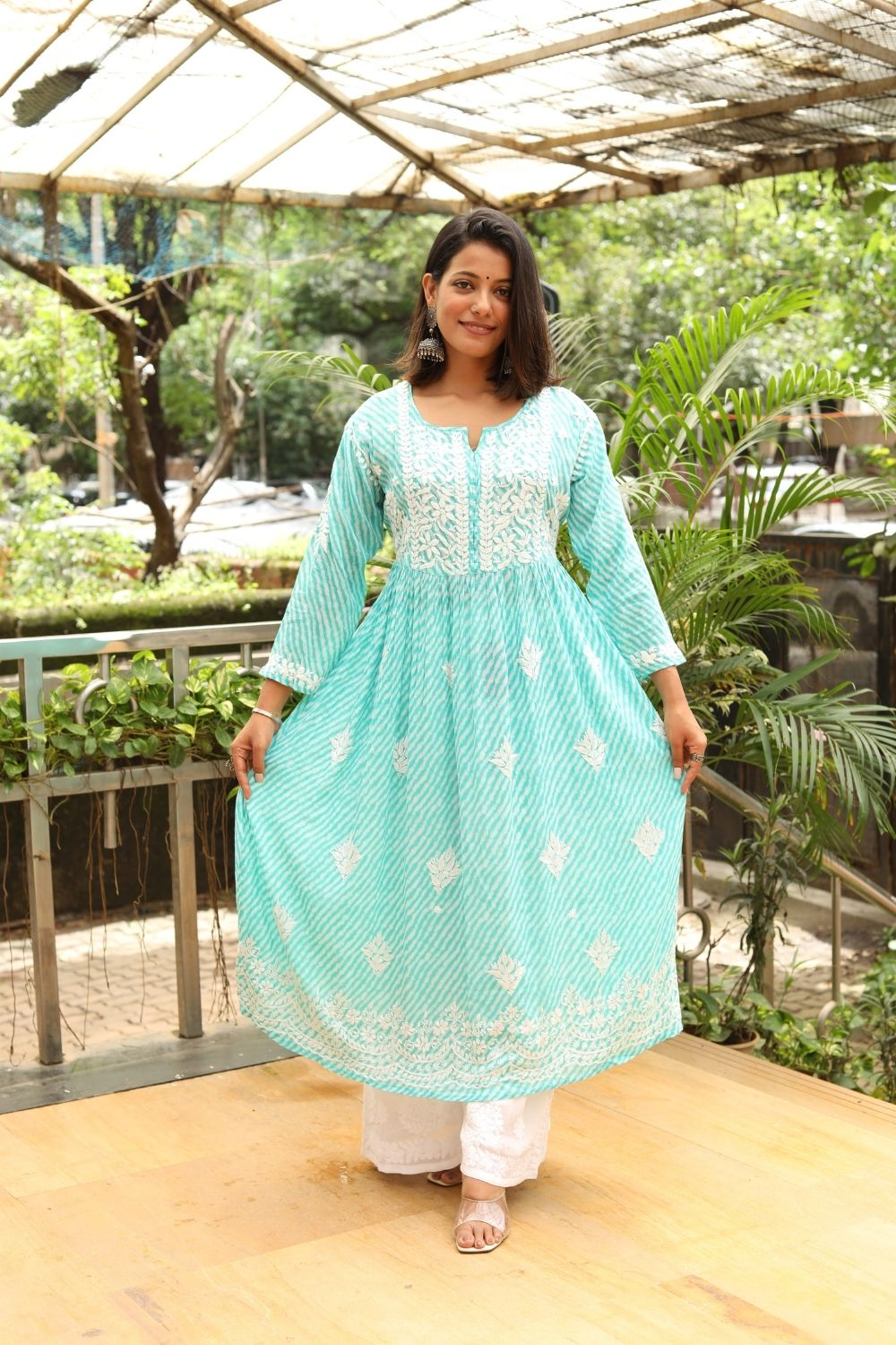 Jameela Mulmul Leheriya Print Chikankari A-line Gown | Lucknowi Chikankari Gown