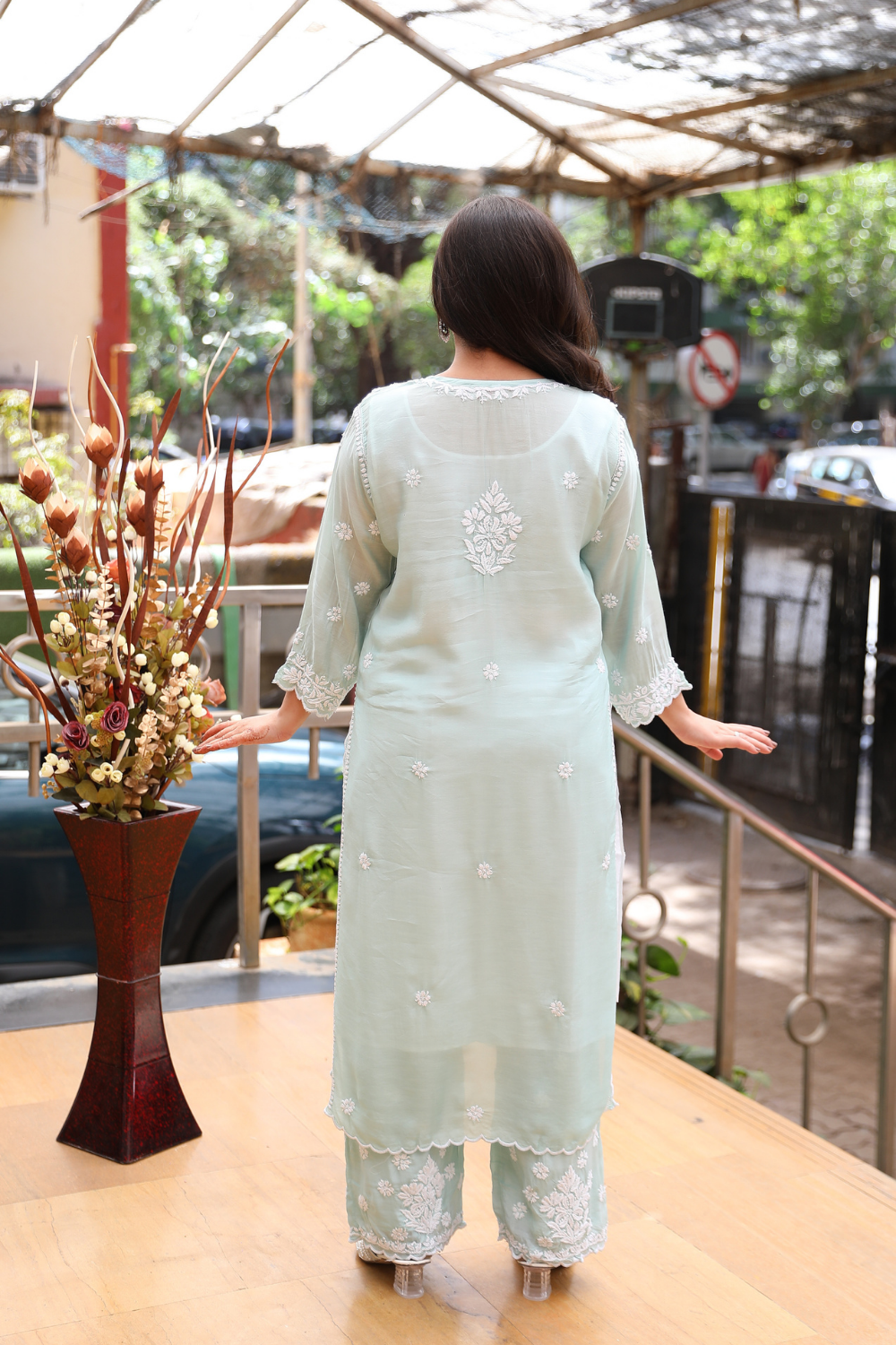 Ayah   Premium Muslin 3D Chikankari Ombre  Cutwork Kurti Palazzo Set