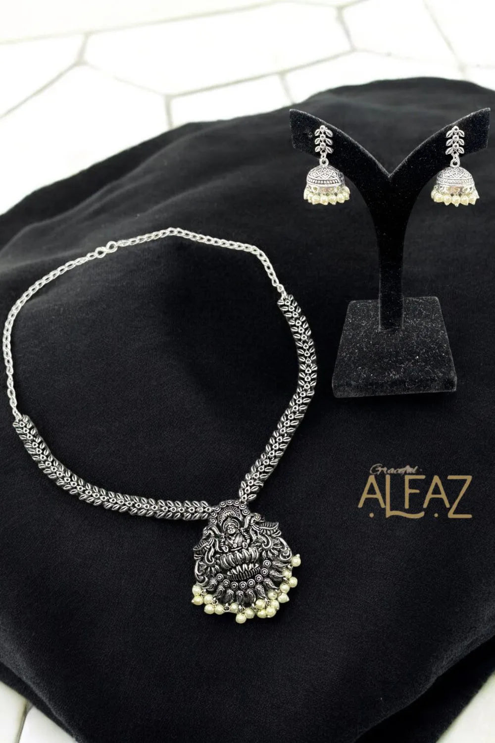 Devi Lakshmi Silver Oxidised Necklace With Earrings