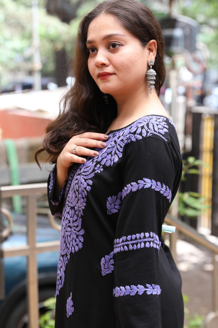 Naila  Rayon Black Multi Long Kurti Chikankari
