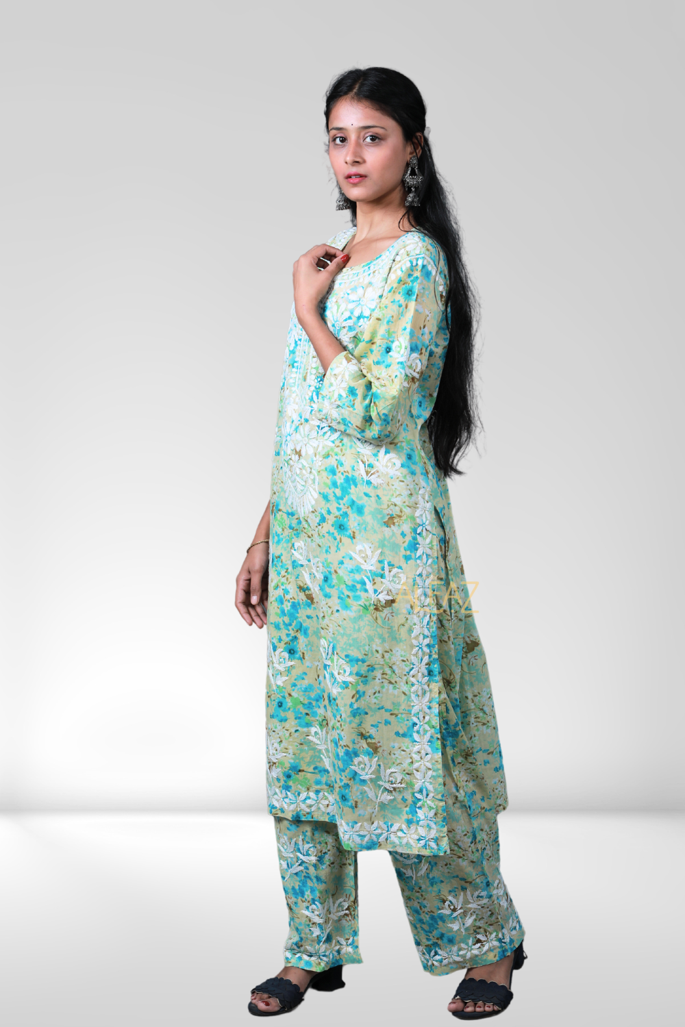 Safiya Printed Mulmul Chikankari Palazzo Set