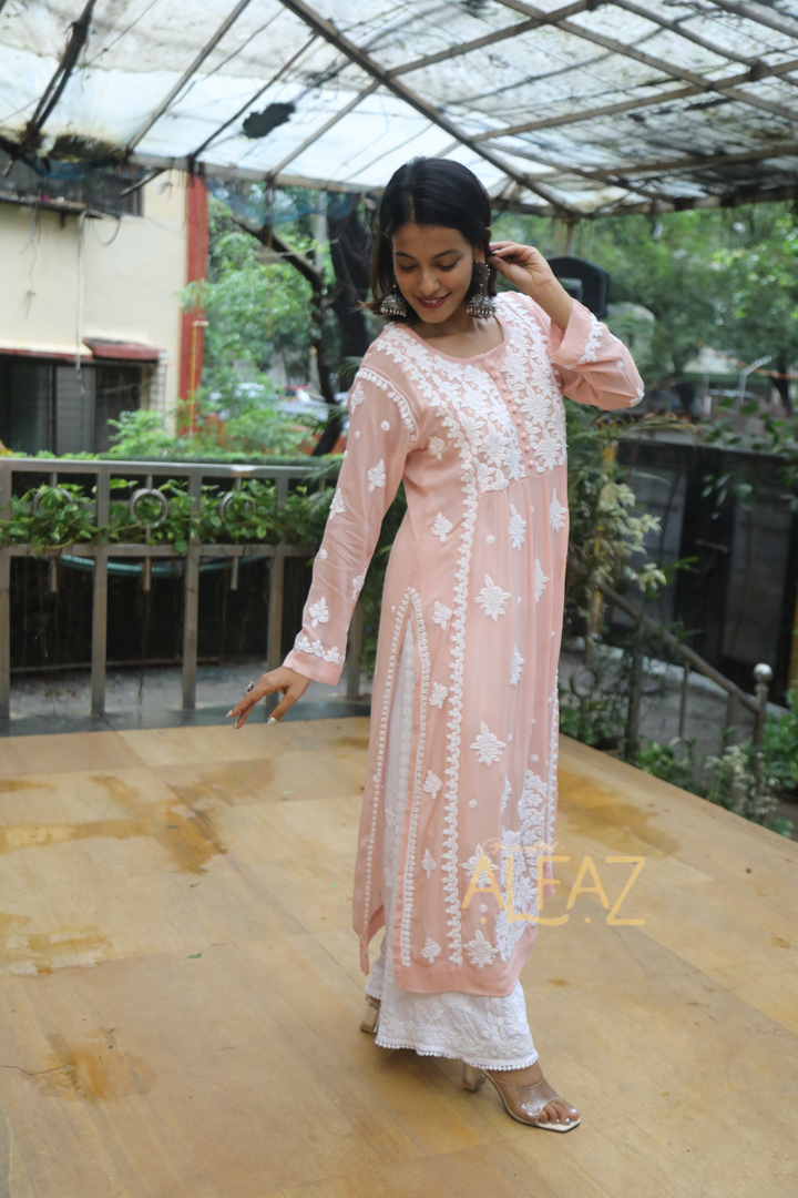 Aafiya Premium Viscose 3D Chikankari Nayra Cut Kurti