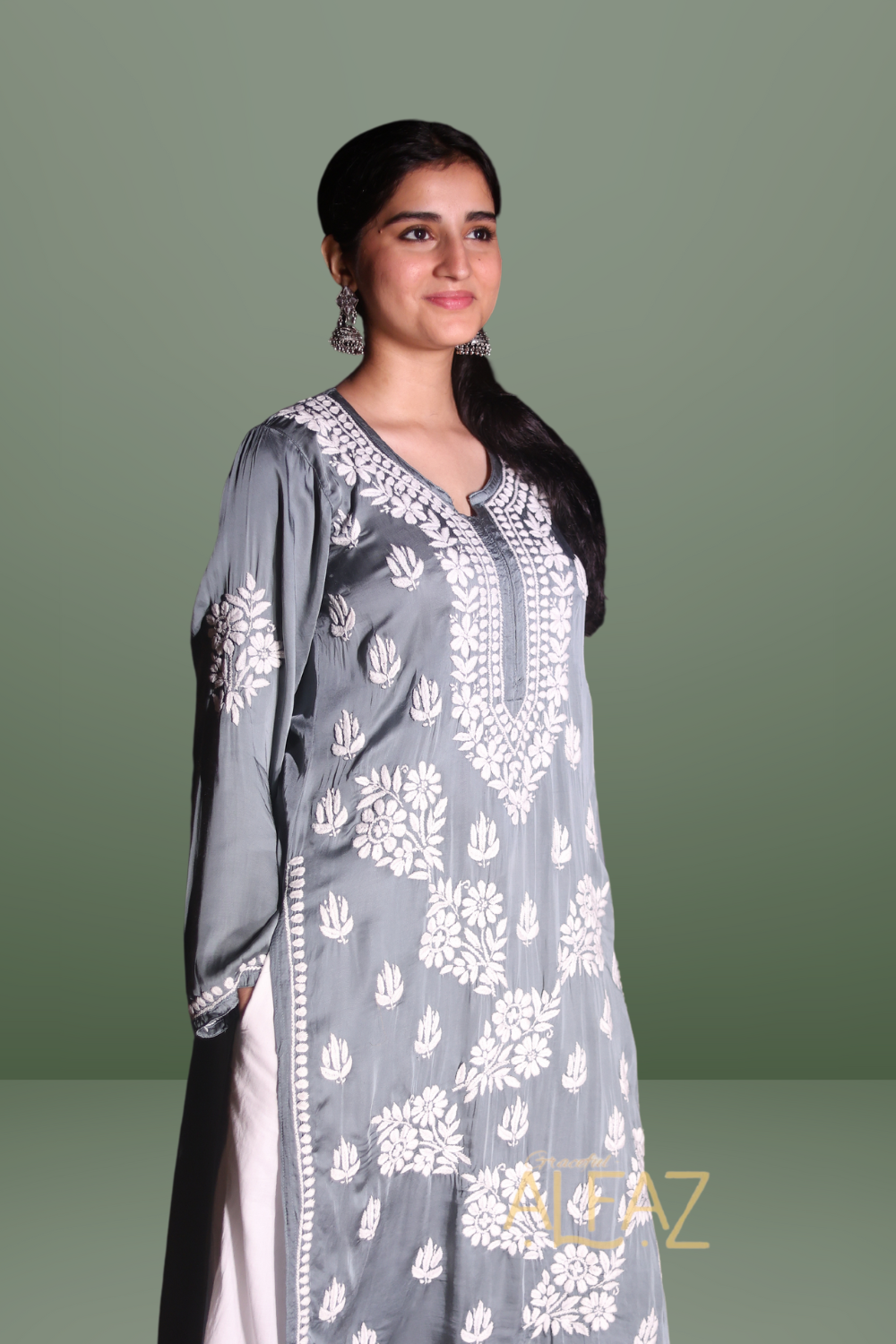 Classic Modal Chikan Kurti - Saida Modal Satin Collection