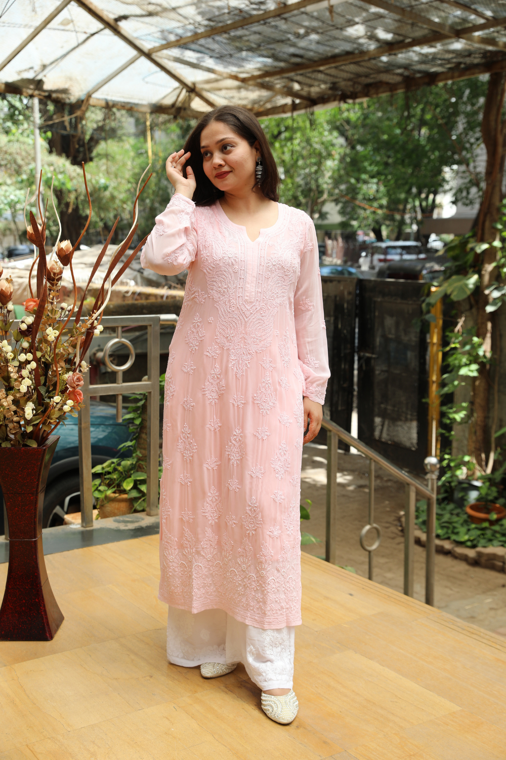 Yusra Viscose Designer Jaal  Add On Cutdana And Pearl Work Chikankari Kurti