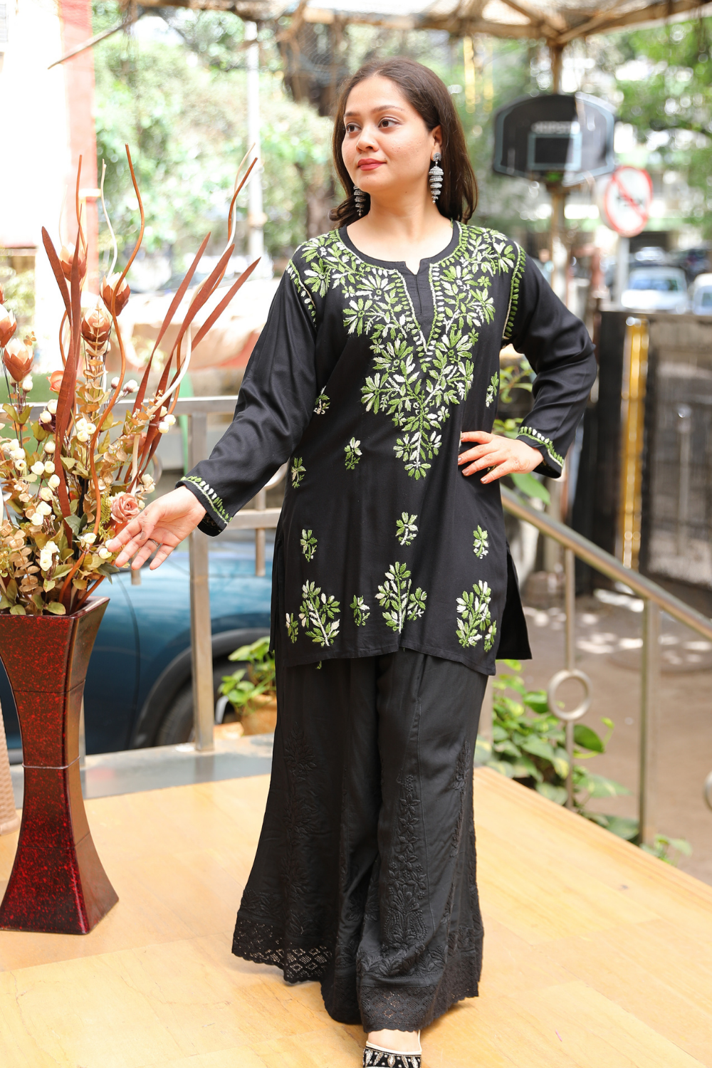 Ruvina Rayon Black Multi Chikankari Short Kurti