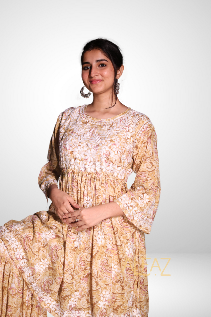 Ghazala Printed Mulmul Chikankari Gharara Set