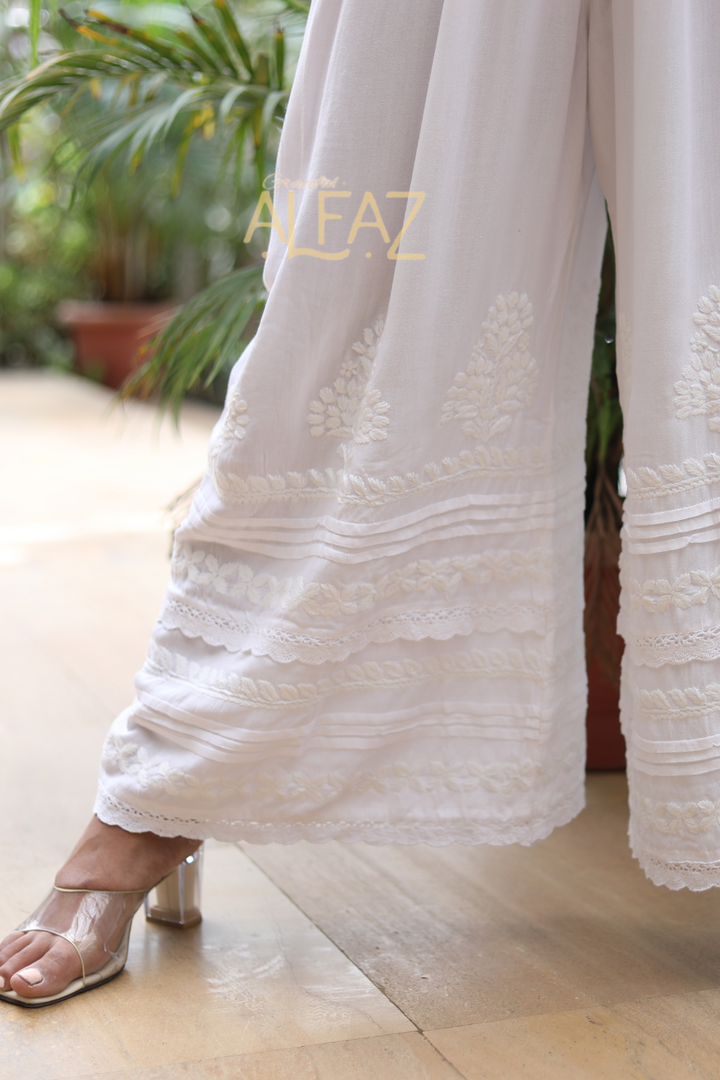 Salima Rayon| Elegant Lucknowi White Chikankari Palazzo