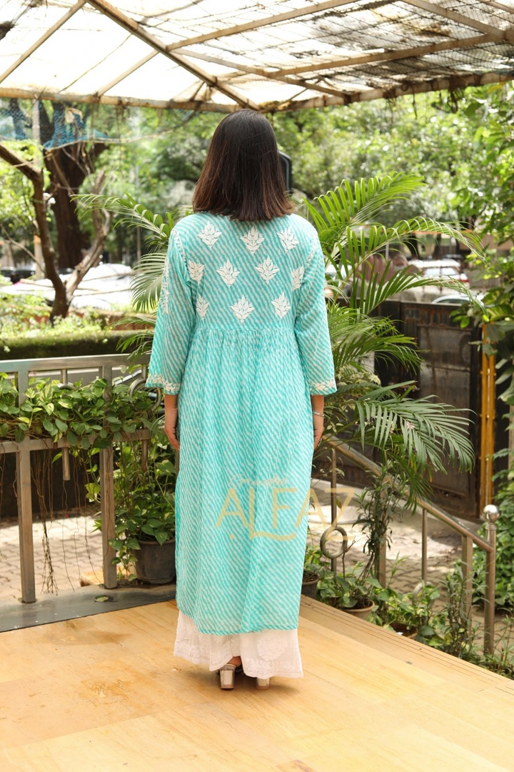 Jameela Mulmul Leheriya Print Chikankari A-line Gown | Lucknowi Chikankari Gown