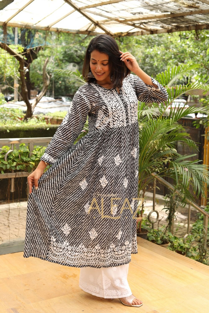 Jameela Mulmul Leheriya Print Chikankari A-line Gown | Lucknowi Chikankari Gown