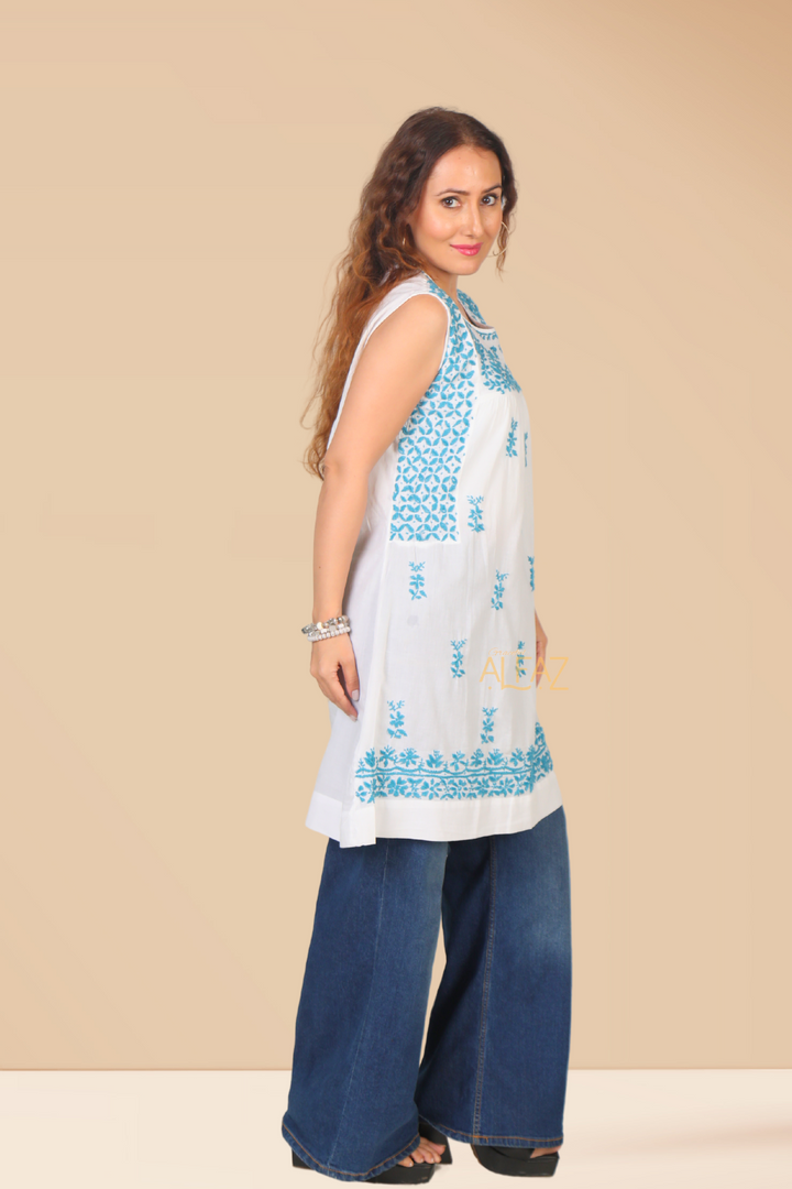 Tahira Cotton Chikankari Sleeveless Tunic Top | Cotton Chikankari Tops