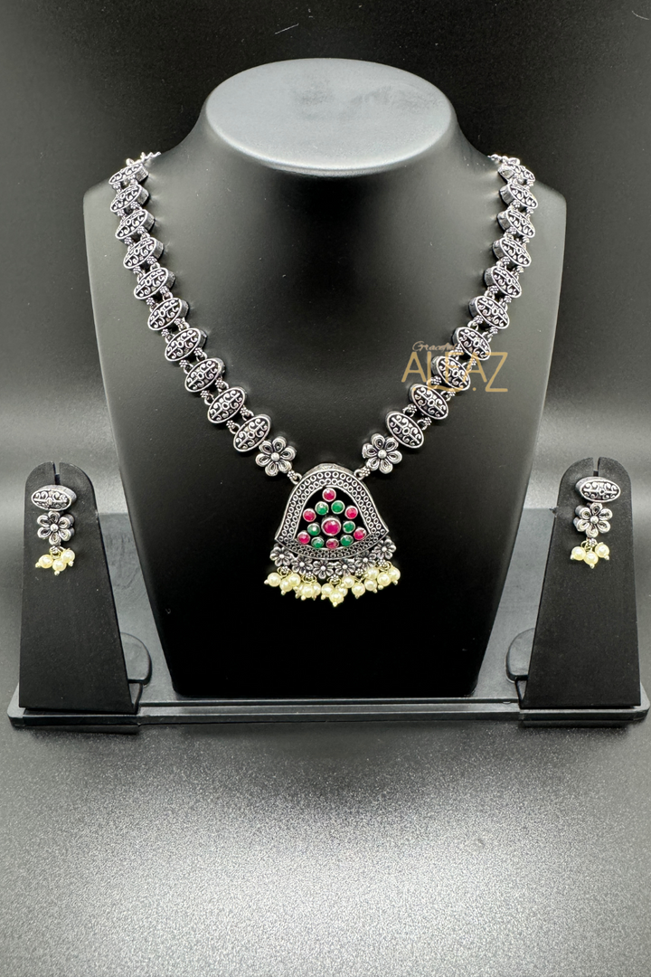 Oxidised Moti Necklace With Earrings