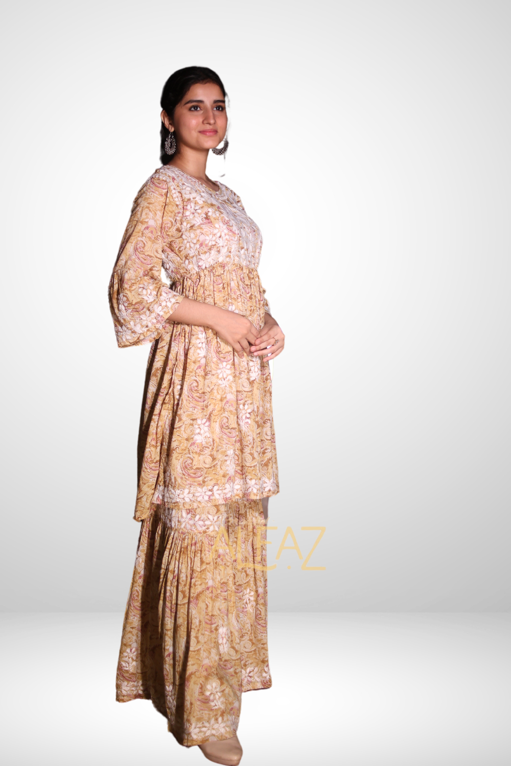 Ghazala Printed Mulmul Chikankari Gharara Set