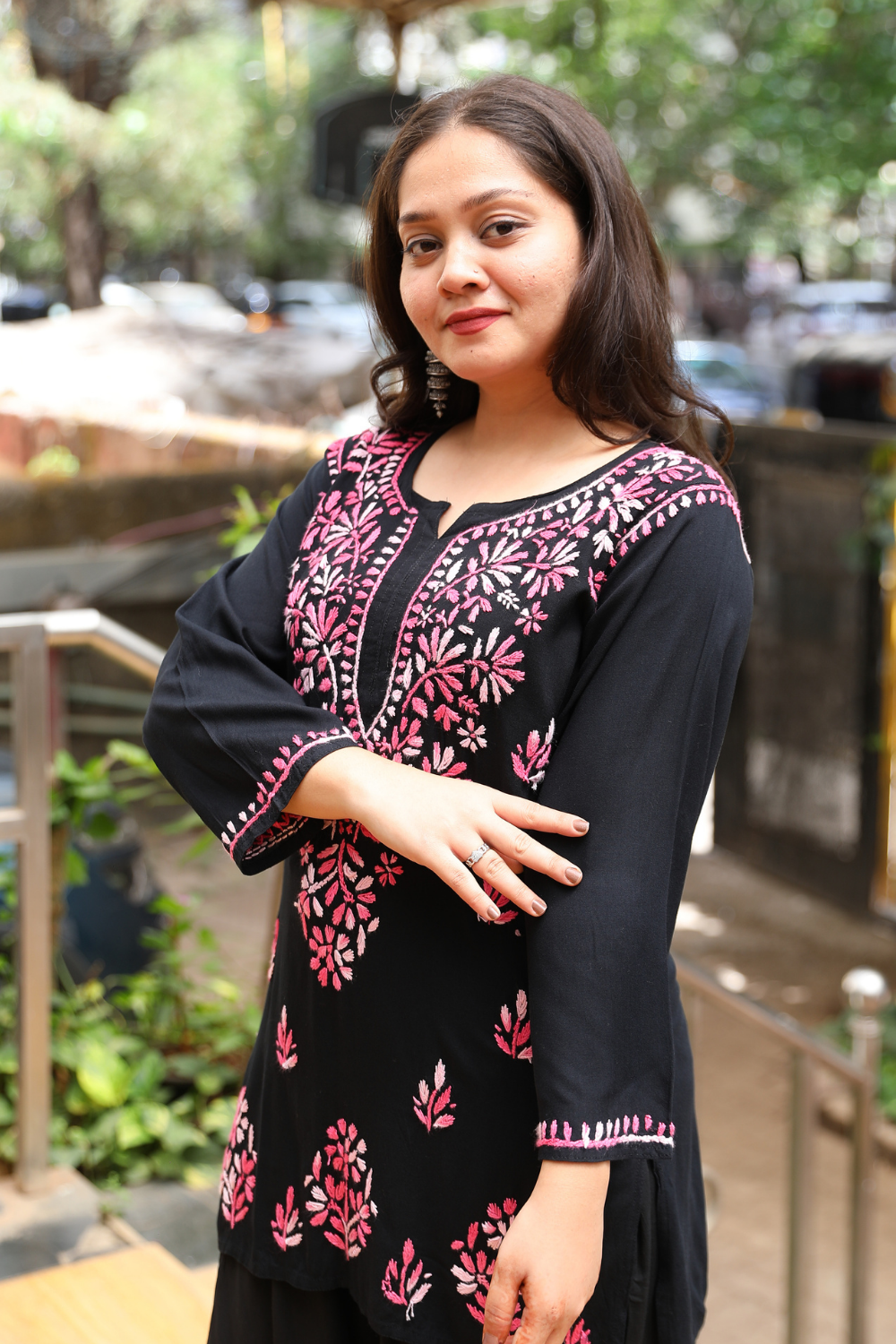 Ruvina Rayon Black Multi Chikankari Short Kurti