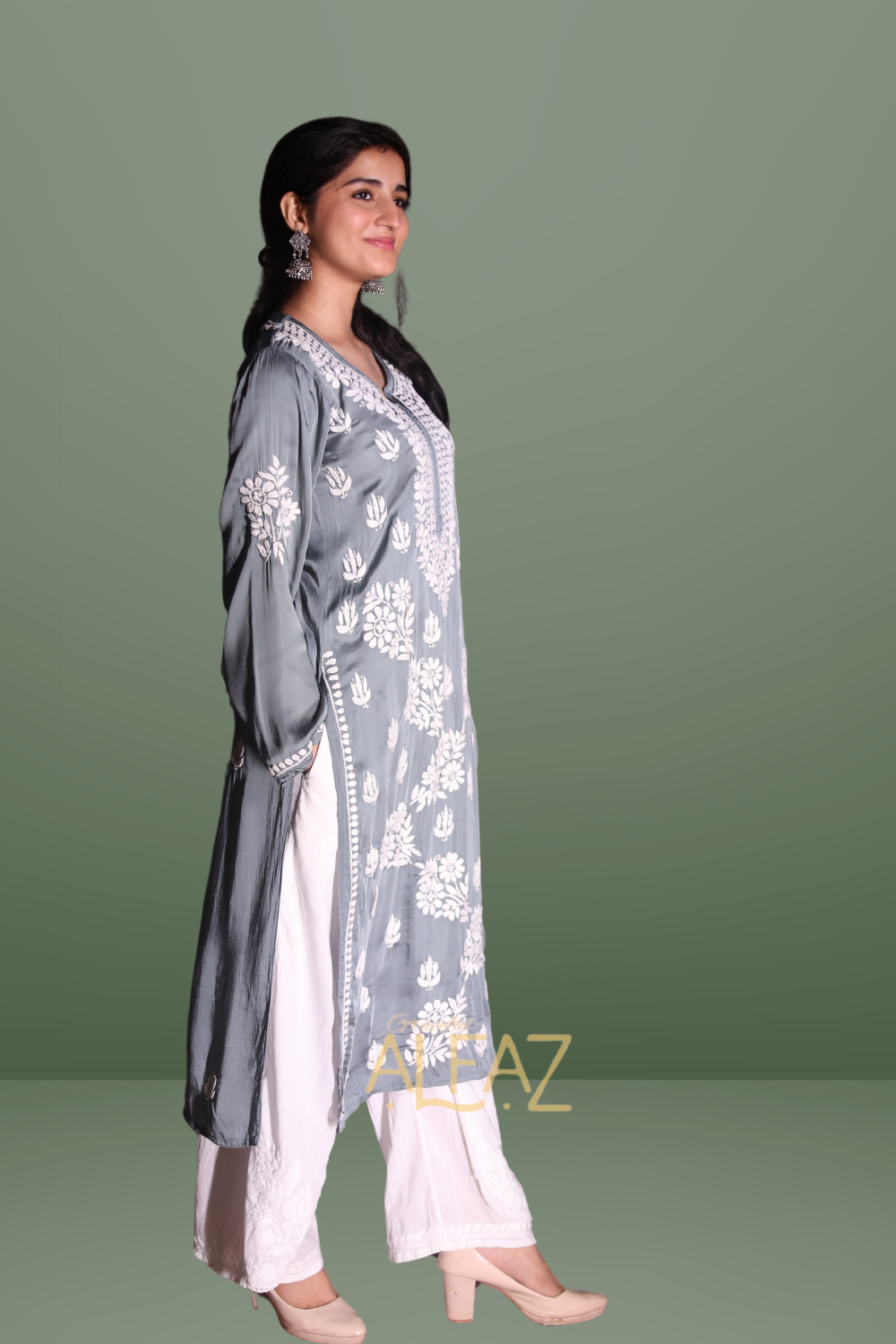 Classic Modal Chikan Kurti - Saida Modal Satin Collection