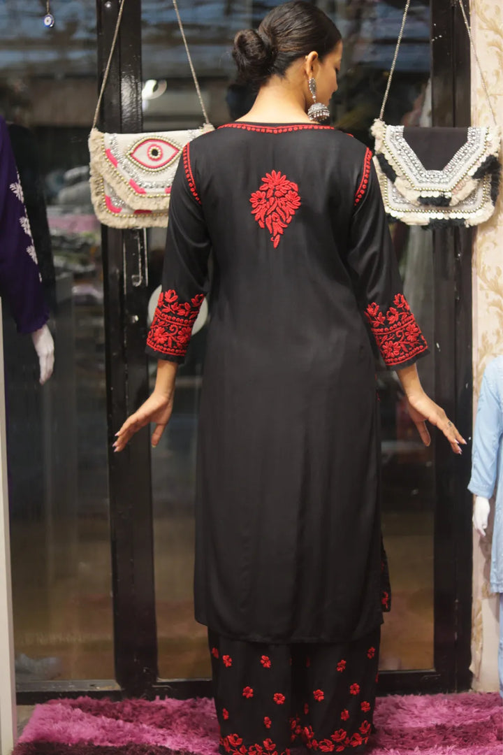 Habiba Rayon 3D Chikankari Designer Black Palazzo Set