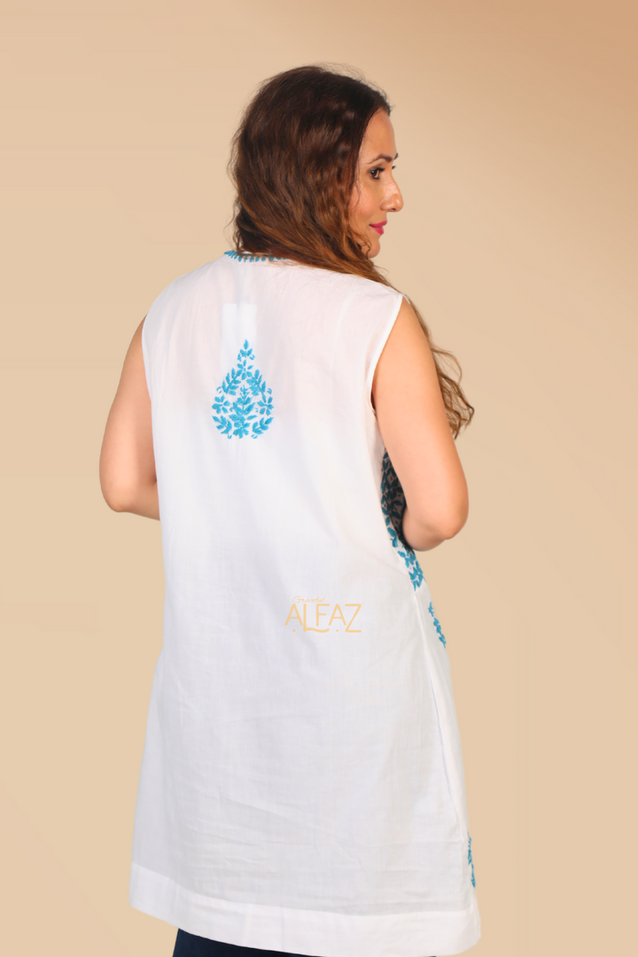 Tahira Cotton Chikankari Sleeveless Tunic Top | Cotton Chikankari Tops