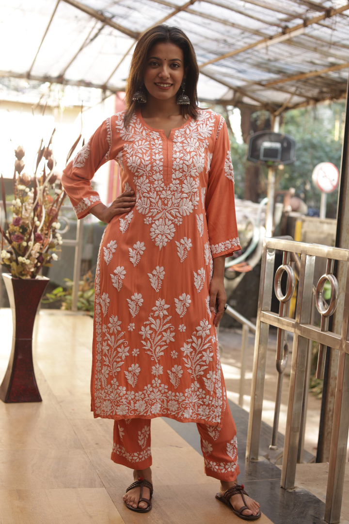 Noura Rayon Chikankari  Kurta Pant set |