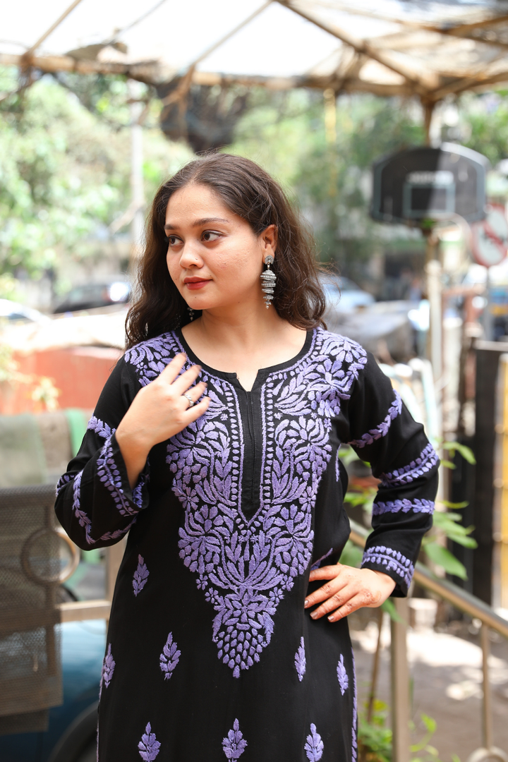 Naila  Rayon Black Multi Long Kurti Chikankari