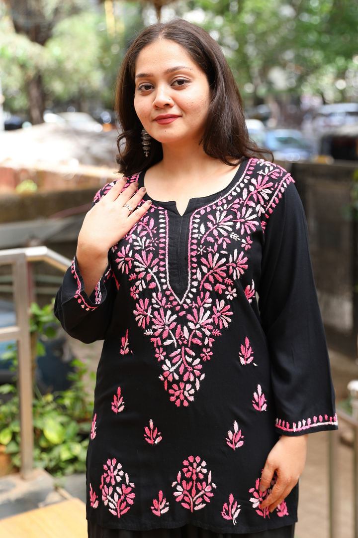 Ruvina Rayon Black Multi Chikankari Short Kurti