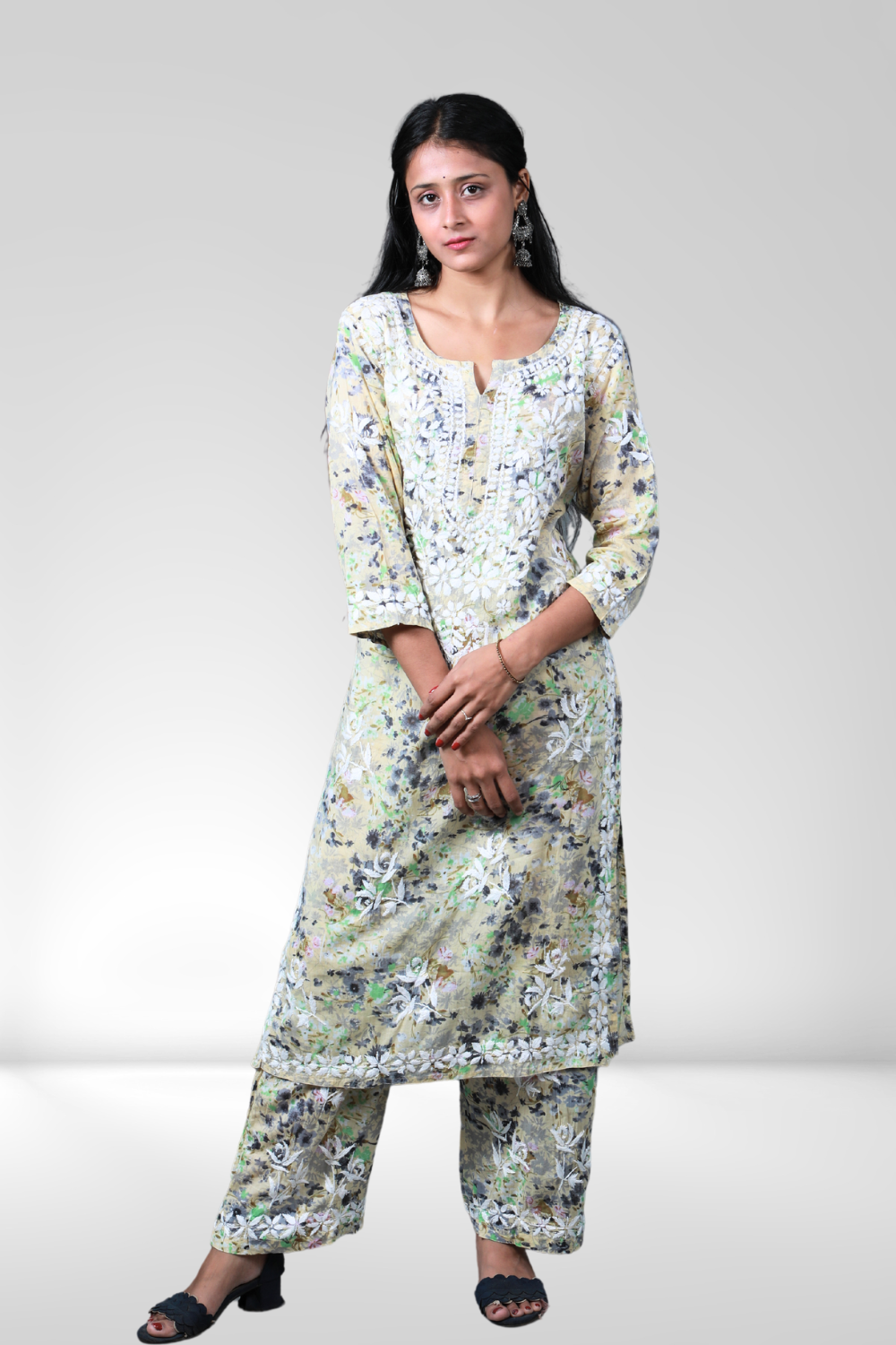 Safiya Printed Mulmul Chikankari Palazzo Set