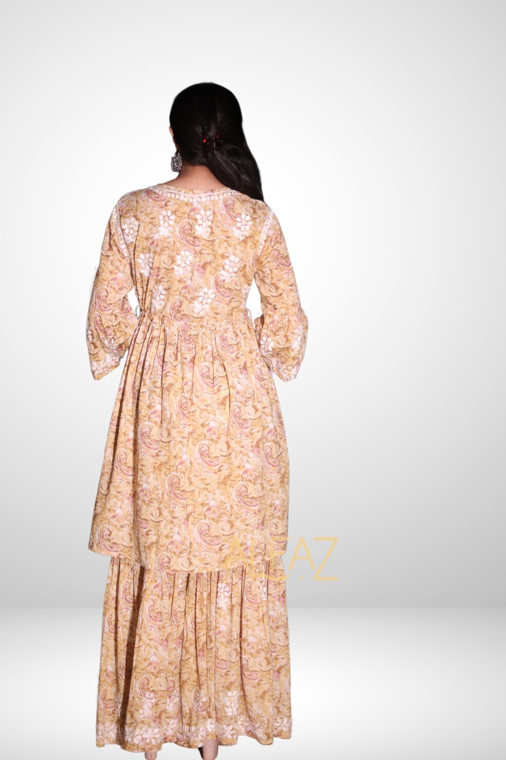 Ghazala Printed Mulmul Chikankari Gharara Set