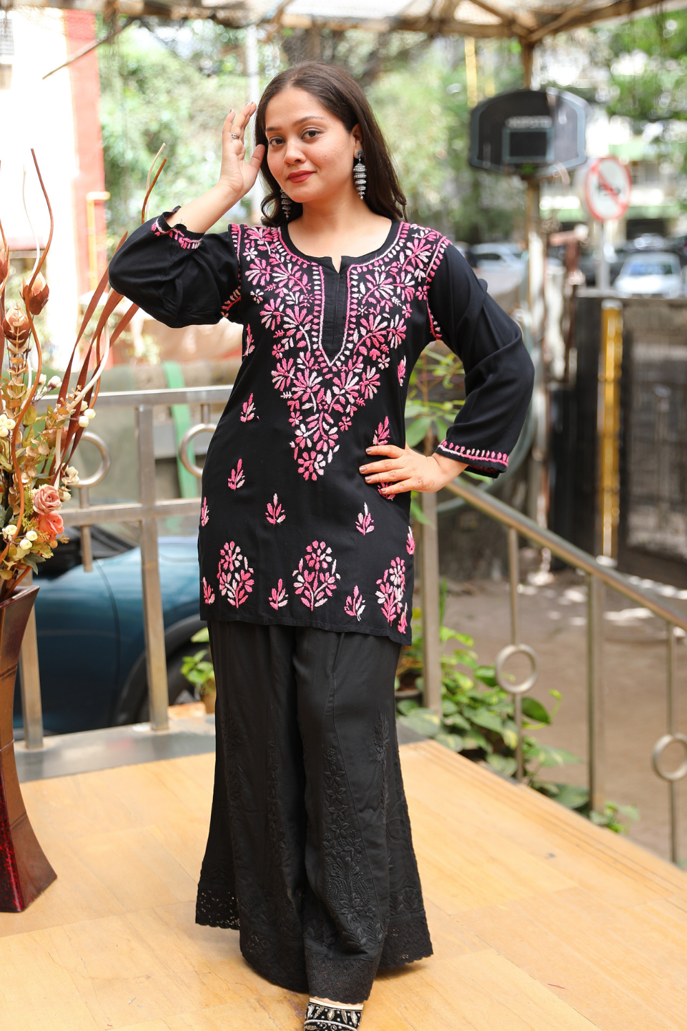 Ruvina Rayon Black Multi Chikankari Short Kurti