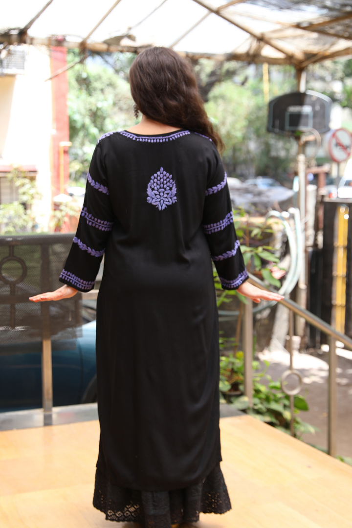Naila  Rayon Black Multi Long Kurti Chikankari