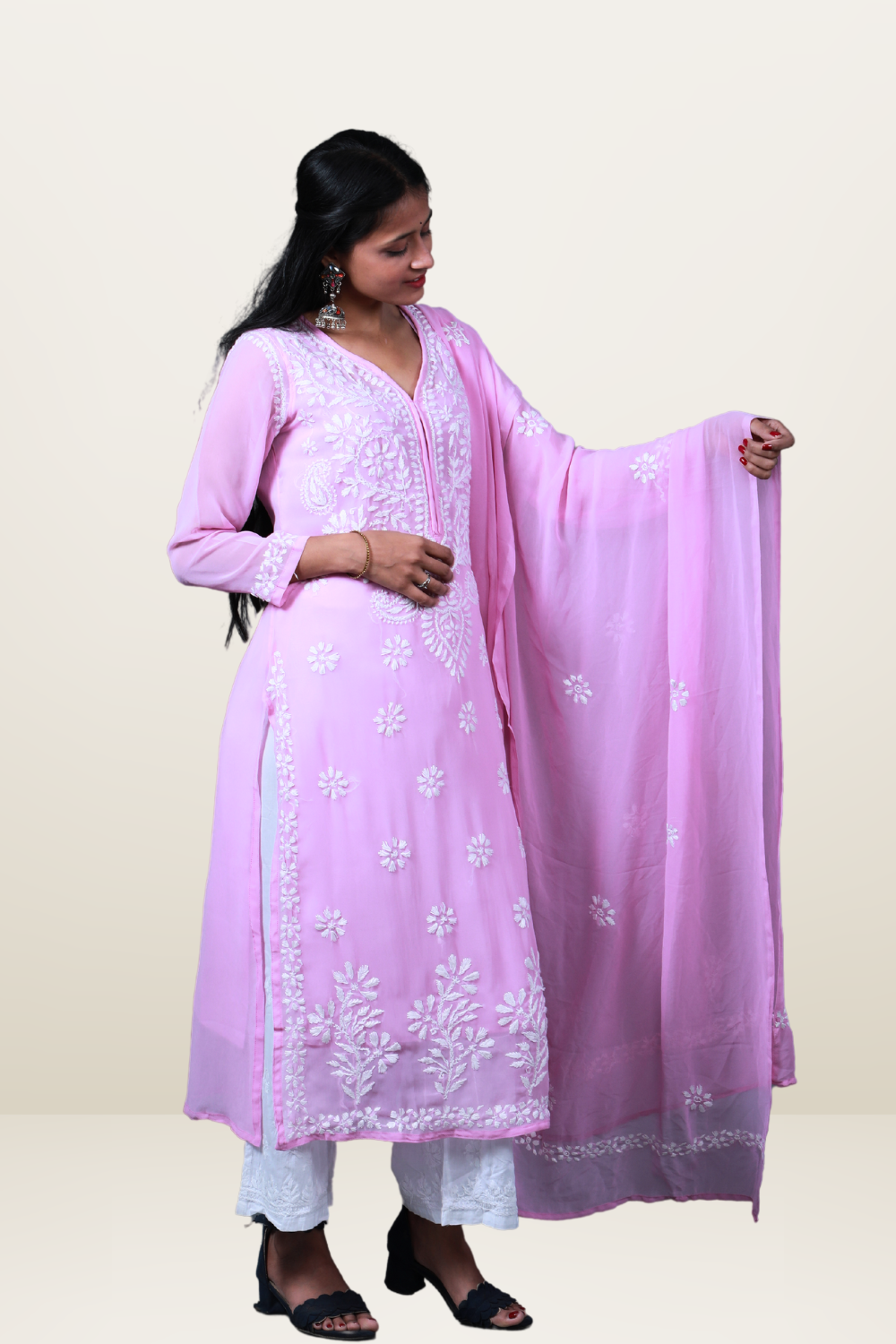 Mina Georgette Chikankari Kurti Dupatta Inner Set  | Chikankari Georgette Kurta