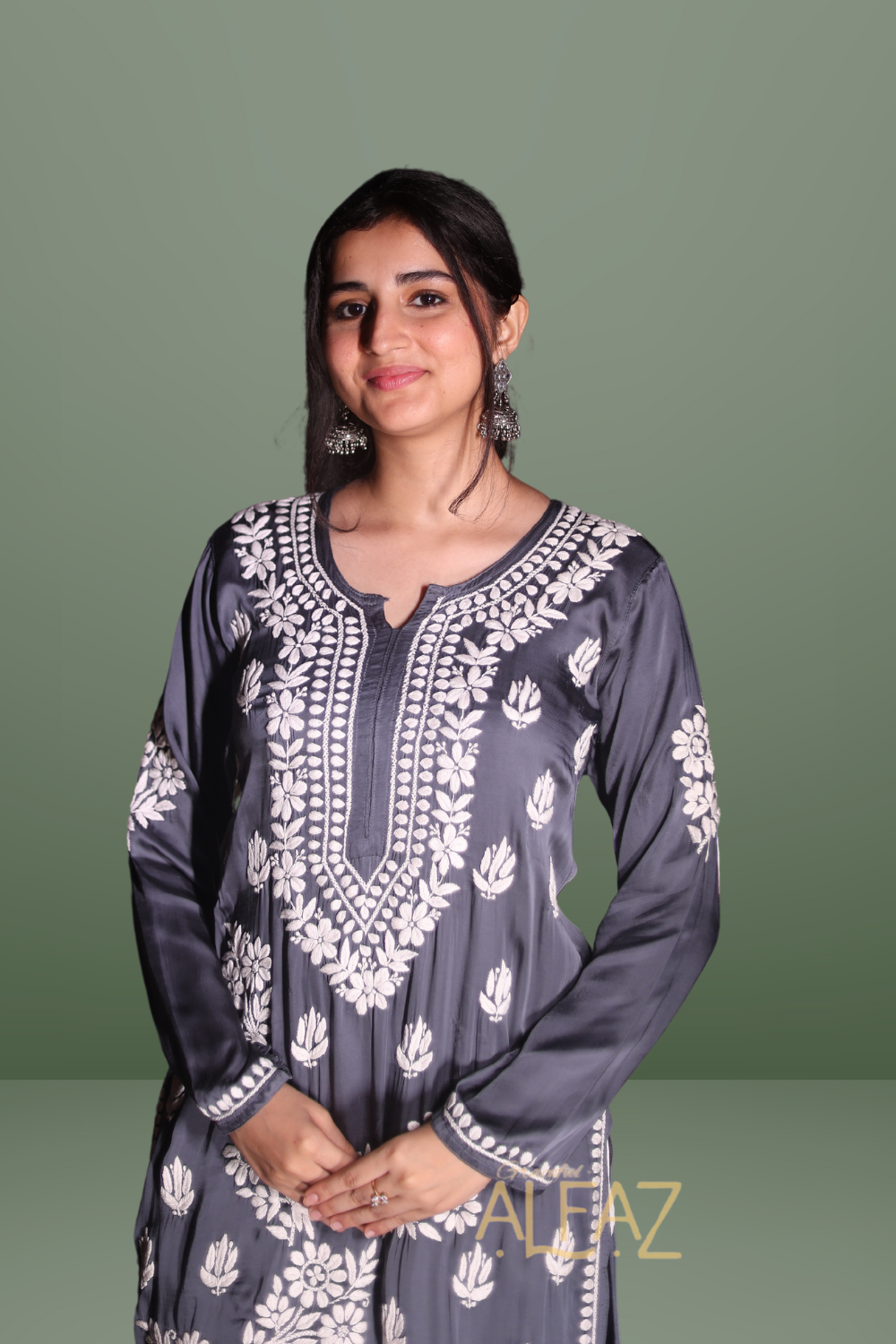 Classic Modal Chikan Kurti - Saida Modal Satin Collection