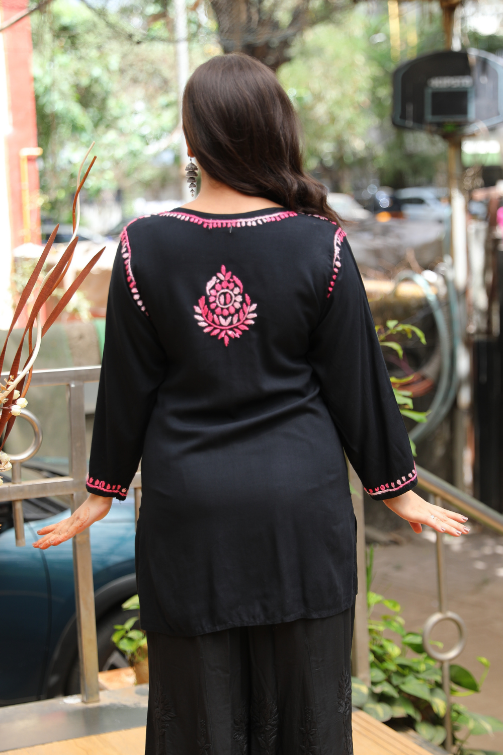 Ruvina Rayon Black Multi Chikankari Short Kurti