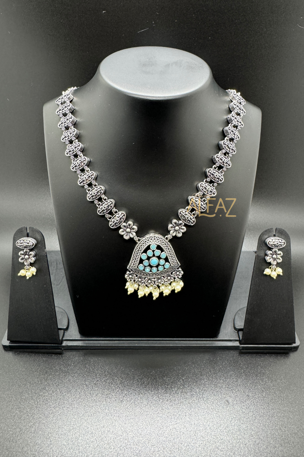 Oxidised Moti Necklace With Earrings