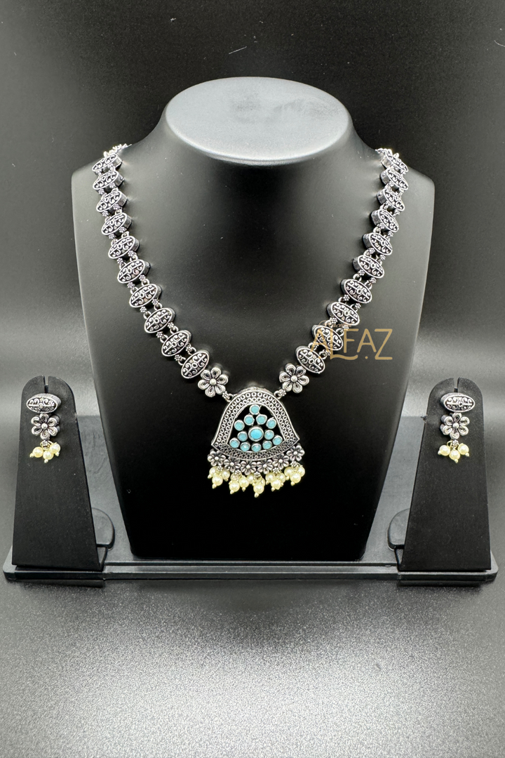 Oxidised Moti Necklace With Earrings