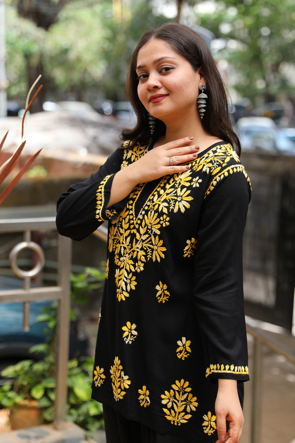 Ruvina Rayon Black Multi Chikankari Short Kurti