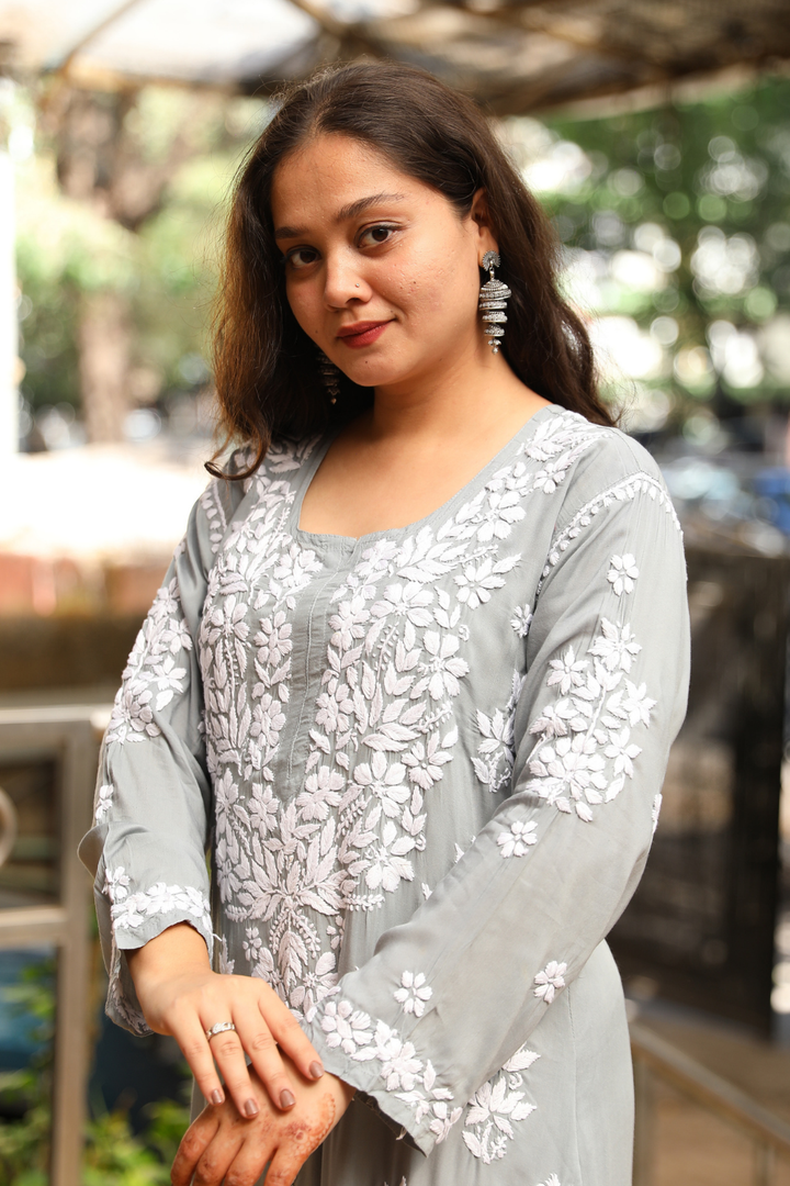 Nadira  Premium Modal Chikankari  3D Long Kurti