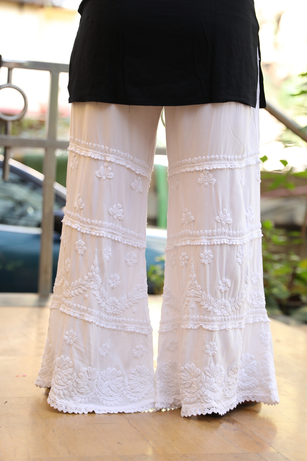 Noya Rayon  3D Chikanakri 3 Layer  White Palazzo